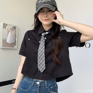 CUTNSEW 個性短版襯衫 附領帶 短袖 翻領 襯衫 上衣