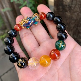 畫意坊 貔貅手鍊：五行珠黑曜石變色貔貅，情侶款招財手鍊
