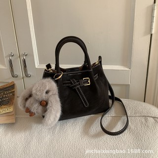 復古麂皮絨手提包 小側背包 簡約單肩斜挎包, 烏木色+掛件