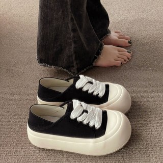 大頭鞋厚底帆布鞋女，兩穿一腳蹬懶人鞋，2023新款休閒小白鞋，可愛丑萌大頭麵包鞋，舒適透氣
