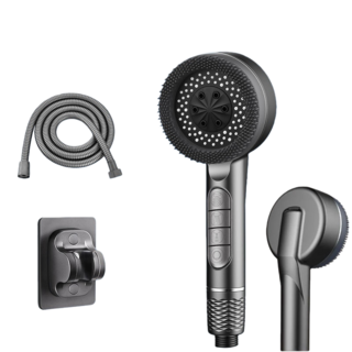 鋼琴按鍵蓮蓬頭 增壓按摩過濾花灑套裝 含軟管支架 多模式調節 節水耐用舒適沐浴體驗, 1個, 灰色鋼琴過濾蓮蓬頭+1.5米黑色+支架黑