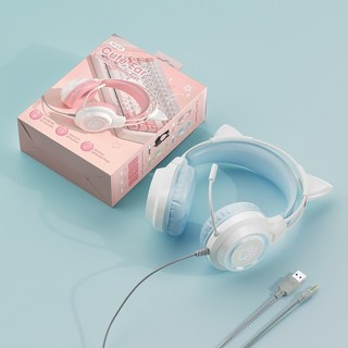 貓耳電競耳機 頭戴式 PS5 電腦遊戲耳機 麥克風 發光 重低音 送轉接線, 貓耳電競耳機 藍色 送轉接線, 藍色, MGR260SY830