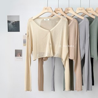 Fee現貨8色超Q捲邊針織上衣 短版透膚長袖罩衫 排釦小外套 女上衣 女生夏裝 韓系夏天, 現貨-杏色F