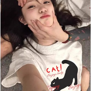 黑貓伸懶腰 enjoy 純棉 短T 情侶T【Y1134】MIT 情侶裝 短袖T恤 班服 男女可穿, 粉紅衣大圖,XL