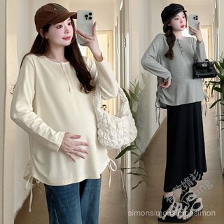 春秋季寬鬆大尺碼長袖上衣 女 百搭休閒素色T恤 孕婦裝