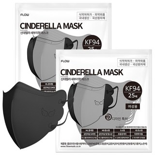 플로우 신데렐라 KF94 새부리형 마스크 지퍼백 중대형, 블랙, 2개, 25개입