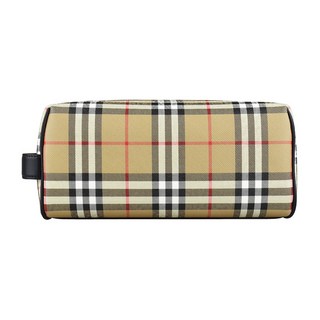 BURBERRY 格紋LOGO PVC拉鍊手拿旅行收納包 (典藏米)