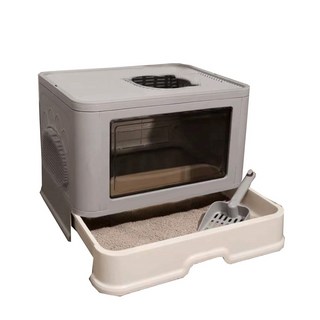 粉色頂入式抽屜貓砂盆，半封閉貓廁所，大空間貓咪用品, 除臭貓砂盆-高級灰, 1個