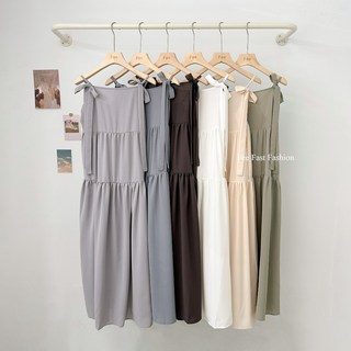 Fee綁結細肩蛋糕洋裝，多色可選，蝴蝶結長洋裝，韓系夏裝吊帶背心裙, 現貨-灰色(偏紫色)F