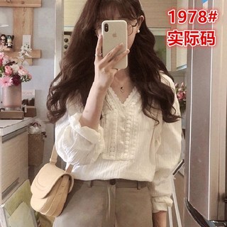 法式秋季長袖襯衫 別緻小眾設計寬鬆蕾絲上衣薄外穿