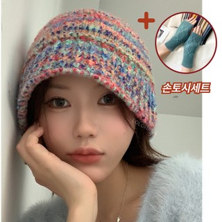 [톤업반사판컬러] 숏비니 손토시세트 여성 겨울 니트모자