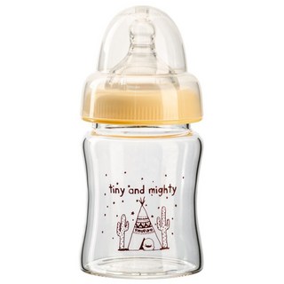 PiYOPiYO 黃色小鴨 寬口葫蘆玻璃奶瓶, 耐高溫不易破裂, 媽咪乳感奶嘴防脹氣, 安全無毒矽膠材質, 120ml, 1個