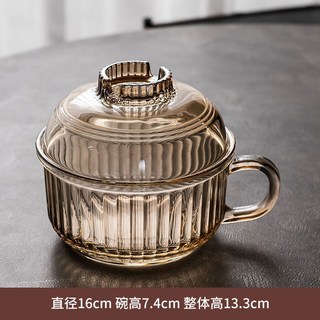 北歐風玻璃帶蓋泡麵碗 耐熱大號湯碗 沙拉碗 學生宿舍泡麵神器, 1個, 耐熱玻璃泡麪碗-豎紋琥珀