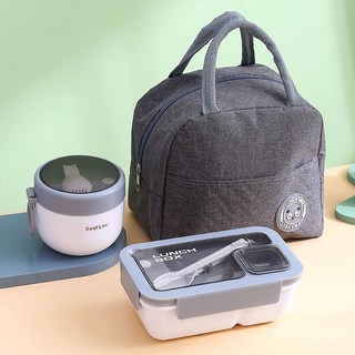 分隔式保溫飯盒 附蓋 便攜 可微波 加熱餐盒, 粉色（可微波爐加熱）,長方形飯盒+湯杯+保溫袋, 1個