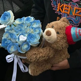 熊抱玫瑰永生花束 創意花束 送女生 閨蜜 媽媽 朋友 生日 畢業 七夕 情人節 聖誕禮物, 11朵碎冰藍+38釐米生日熊