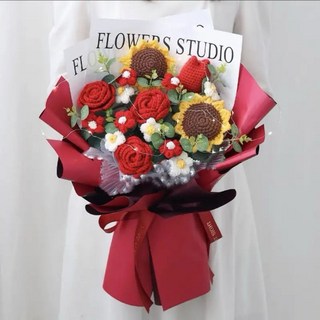 全店低價 編織花束 針織花 毛線花束 向日葵花束 鬱金香編織毛綫花 成品 情人節生日禮物, 紅色 2向日葵3玫瑰1鬱金香毛線花, 1個