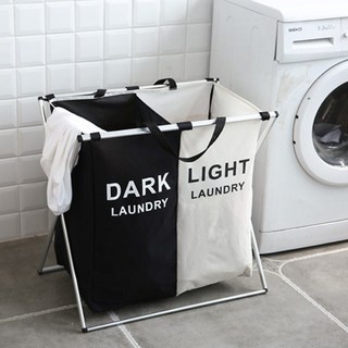 洗衣收納籃 臟衣簍ins高顏值臟衣物筐可折疊洗衣籃收納框分隔多層帶蓋清倉, 兩格（黑+米白）無蓋