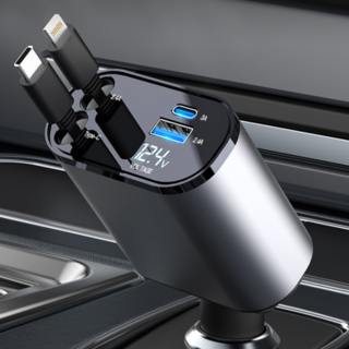 LUMANOKI 동시4대충전 릴타입 차량용 고속충전기, C-TYPE+애플, 혼합색상