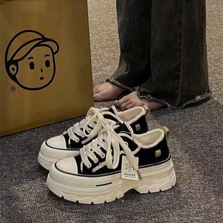 厚底帆布休閒鞋 韓版百搭款 女款防滑運動板鞋 小個子增高綁帶鞋〖台灣出貨〗