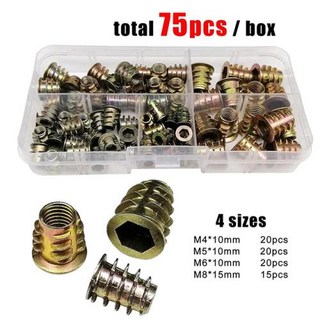 목재 인서트 너트 세트용 아연 합금 스레드 M4 M5 M6 M8 육각 드라이브 헤드 가구 너트 스레드 내장 인서트 75 개, 1개