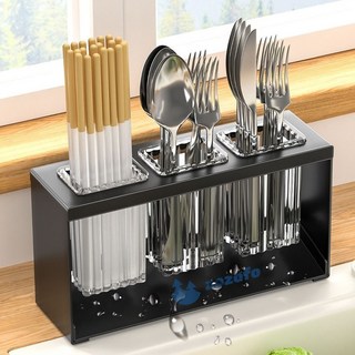 ZOZOFO 물빠짐 수저통 수저정리함 주방 포크 수저통 3구, 블랙, 1개