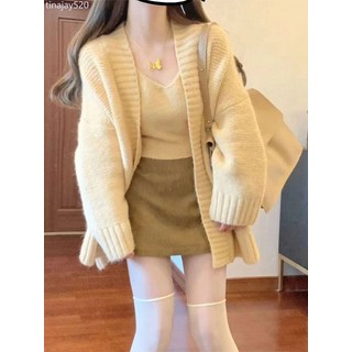 早春韓劇穿搭小個子慵懶風針織開衫裙子兩件套裝女