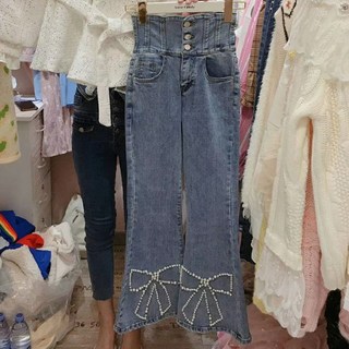 雪莉小姐 復古高腰珍珠蝴蝶結釘鑽喇叭褲 牛仔褲 PT200654