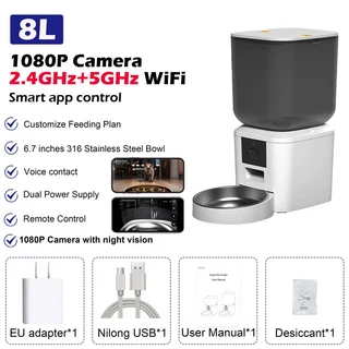 Furpipi 8L 스마트 자동 고양이 급식기 1080P HD 카메라 5G WiFi 펫 피더 투야 앱 제어 강아지 사료 디스펜, 01 Foodgrade ABS, 07 5G 1080P Bowl x1 W