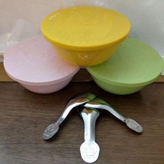 啵比小舖台灣製幼兒園三色碗附湯匙三入組-304不鏽鋼兒童碗點心碗, 整組（搭三色蓋）, 1個