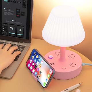 다기능 침대 옆 램프 조명 멀티탭 일체형 냉온광 침실 무드등, 1개, 3구 USB 포함 핑크