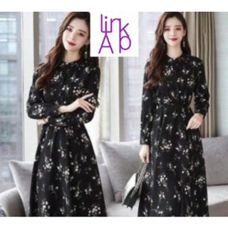 링크어패럴 단정한 꽃무늬 롱 원피스 허리슬림 밴딩 라인 쉬폰 여성롱원피스 긴팔 원피스