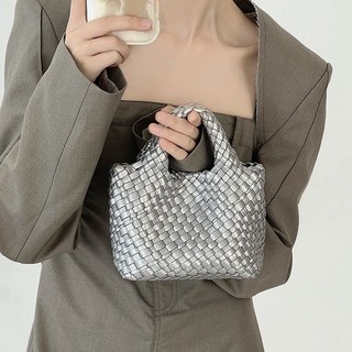 手工編織迷你手提斜挎包 - 純色簡約百搭通勤小方包, 銀色+鏈條+編織內袋