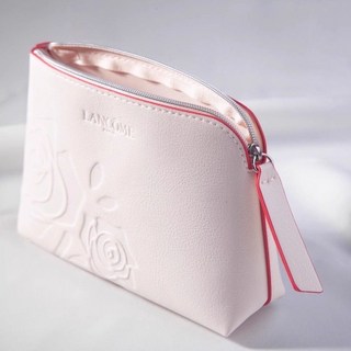 LANCOME 巴黎 經典玫瑰印花化妝包，淡粉色，PU皮革，便攜收納包