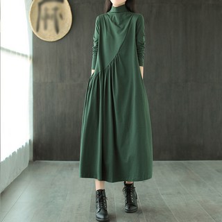 ORZQU 여성 가을 원피스 비대칭 주름 하이넥 심플 무지 루즈핏 캐주얼 롱 원피스