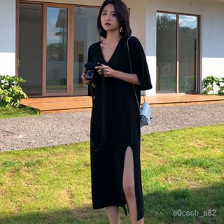 大碼洋裝 大碼女裝胖MM特大碼300斤開叉連衣裙女2023春夏新款短袖中長款過膝T恤長裙中大尺碼洋裝 TFEO, 黑色,2XL 160-200斤