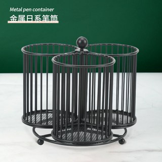辦公室文具筆類收納黑色旋轉筆筒 金屬網紋時尚化妝刷收納筒文具收納桌面抽屜收納盒書本收納盒辦公室收納筆筒收納盒, 1個, 三筒旋轉筆筒（160x150x138）,黑色