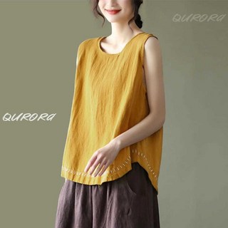 Qurora 80公斤 大尺碼背心女 無袖背心 復古文藝大碼純色棉麻包邊刺繡背心 寬鬆休閒百搭無袖上衣女 大碼坎肩背心女