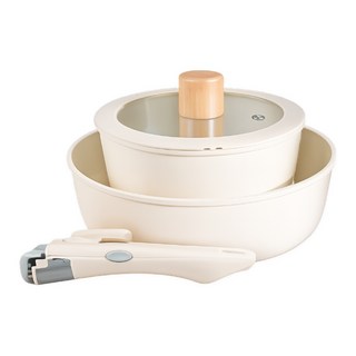 인덕션 겸용 멀티핸들 4종 세트 프라이팬 냄비 겸용 다용도 호환 세트 홈쿠킹 주방용품, 1호(아이보리), 1세트, 프라이팬+매직핸즈+냄비+뚜껑