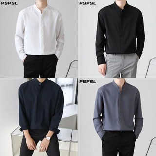 襯衫男【M-3XL】長袖立領襯衫 高級感白襯衫 日系簡約文藝風