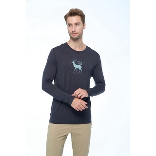 Wildland 荒野 男款澳洲頂級美麗諾羊毛印花長袖衣 台灣水鹿版畫風格 深灰色 登山旅行適用