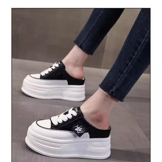 爆款9CM網面厚底包頭半拖鞋女2025秋夏百搭小個子增高鬆糕老爹鞋