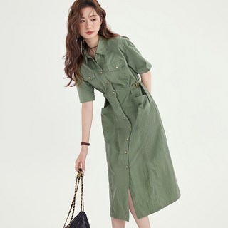 ROYALBELLE 여성 버튼 디테일 허리조임 카라넥 반팔 원피스 포켓 셔츠형 중기장 카고 원피스 I062205