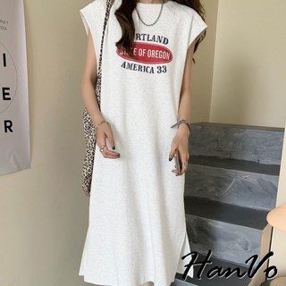 HanVo 美式字母無袖側開叉長洋裝 寬鬆遮肉顯瘦舒適休閒 韓系女裝, 白色