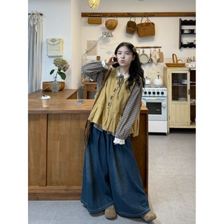 Ғ deputies 日系女裝套裝：綁帶格紋長袖襯衫+刺繡馬甲+修身牛仔褲，秋季新款時尚穿搭