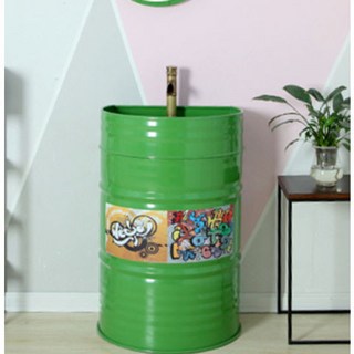 Shark家具 工業風油桶洗臉盆 個性KTV酒吧洗手台 落地立柱盆, 綠色洗手盆（送水龍頭 下水）, 1個