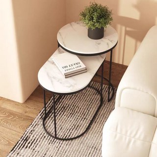 意式落地式邊幾客廳沙發邊桌，巖闆伸縮小茶幾，現代簡約角幾，多功能飄窗桌, 勞倫白金+黑色腳架