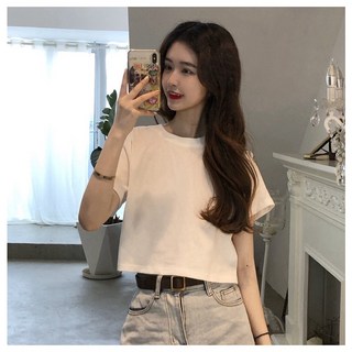 短版素色上衣 露肚臍短款 寬鬆短版T恤 - 女裝短袖上衣