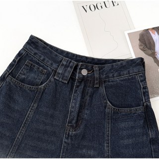 復古拼接弧線高腰闊腿牛仔長褲 高腰牛仔褲 牛仔寬褲 闊腿褲