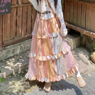 2024夏季度假穿搭 碎花蛋糕裙 拼接荷葉邊半身裙