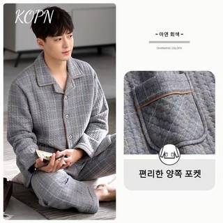 KOPN 파자마 남성 겨울 순면 기모 두꺼운 클립 면 홈웨어 세트 라지 홈웨어 세트